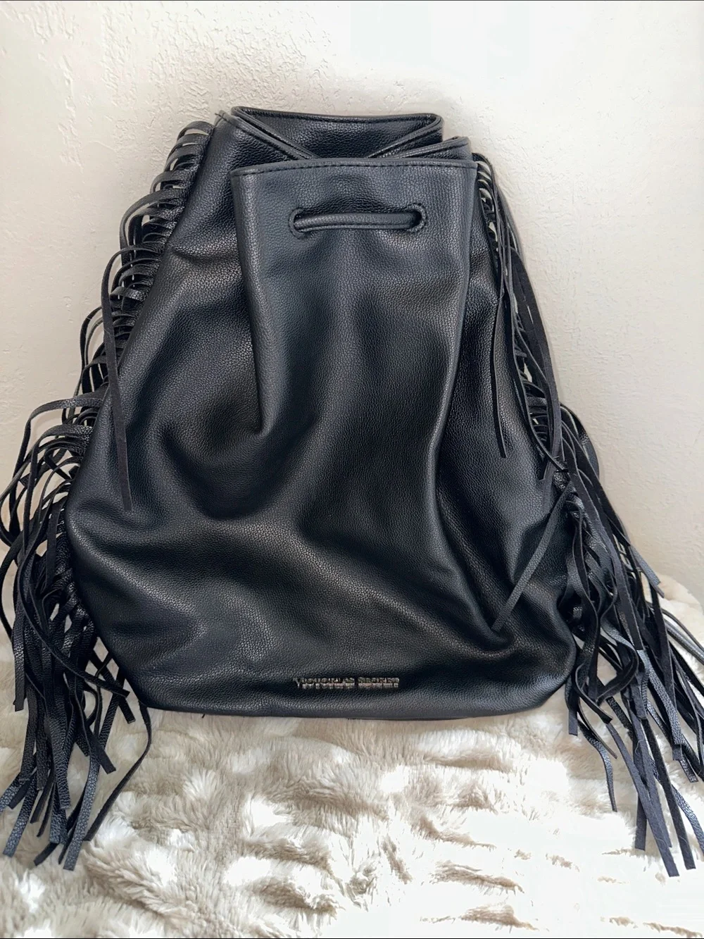 Victoria's Secret Black Leather Fringe Hobo Bucket Bag
